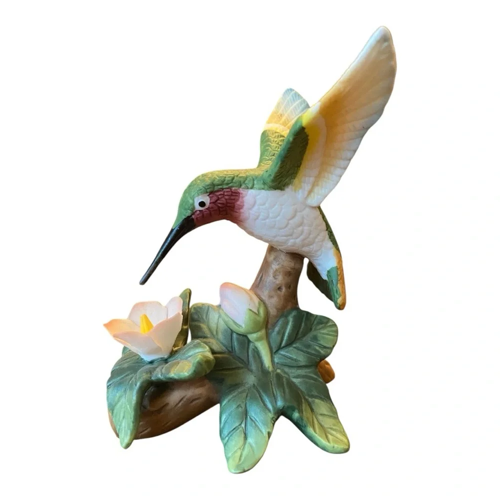 Vintage Porcelain Ruby-Throated Hummingbird Flower Figurine